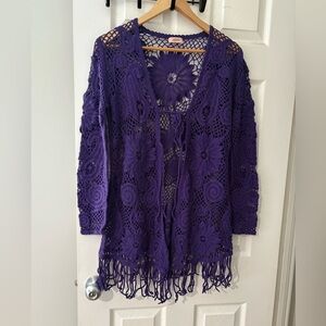 Laurel crochet purple long sleeve fringe open front with tie size large top knit